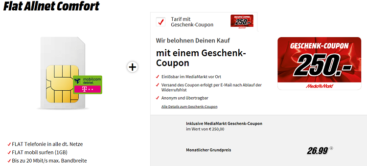 md Telekom Flat Allnet Comfort mit 1GB + 250€ Media Markt Gutschein für 26,99€ mtl.