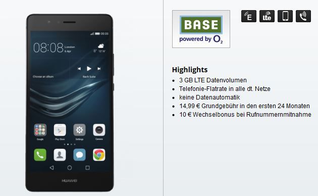 Huawei P9 Lite + BASE Pur mit Flat Telefonie + 3 GB Daten für nur 14,99€ mtl.