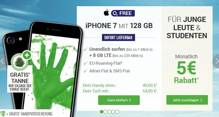 iPhone 7 mit 128GB + o2 Free XL mit 8GB LTE (unendlich weiter surfen) für 54,99€ mtl.