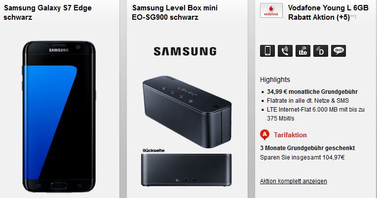Samsung Galaxy S7 edge + Samsung Level Box + Vodafon Telefonie und SMS Flat + 2 GB LTE für 34,99€ mtl.