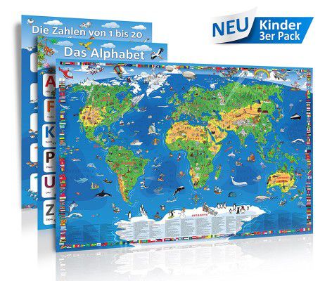 3 Poster: Kinder XXL Weltkarte (1,35 Meter) + Alphabet + Zahlen bis 20 für 9,95€ 
