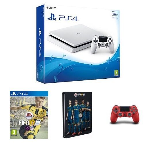 Weiße PS4 slim Bundle für je 299€ bei Amazon UK   z.B. mit Fifa 17 + 2. Controller (statt 400€)