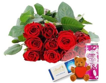 Valentins Allround Paket: 10 rote Edelrosen + Herzteddy + Hugo & Lindt Schokolade + Grußkarte für 16,94€