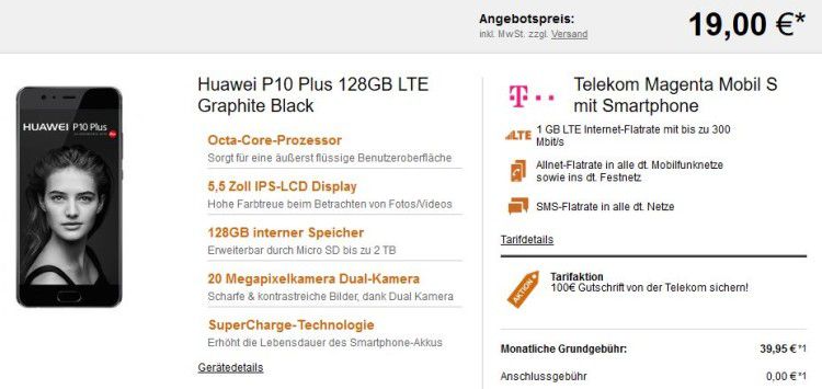 Huawei P10 Plus für 19€ + Telekom Magenta Mobil S für 42,45€ – Friends Vorteil möglich + Alt gegen Neu Aktion