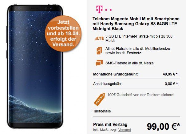 Samsung Galaxy S8 für 99€ (statt 799€) + Telekom Magenta Mobil M mit 3GB LTE für 49,95€ mtl. + 100€ Cashback möglich