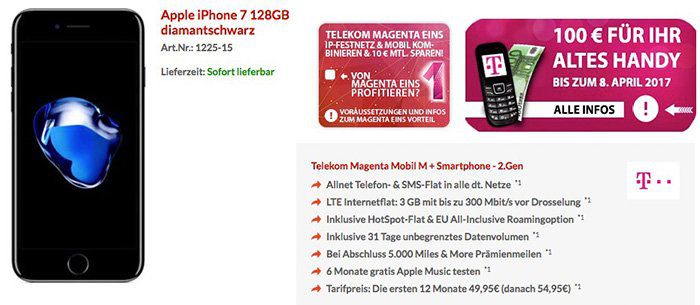 iPhone 7 128GB für 1€ + Telekom Magenta Mobil M (mit neuen StreamOn Optionen) für 52,45€ mtl. + 5.000 Meilen