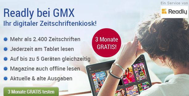 Nur für GMX-Mitglieder: 3 2.400 Readly über 27€) auf kostenlos – Monate (Wert Magazine Zugriff