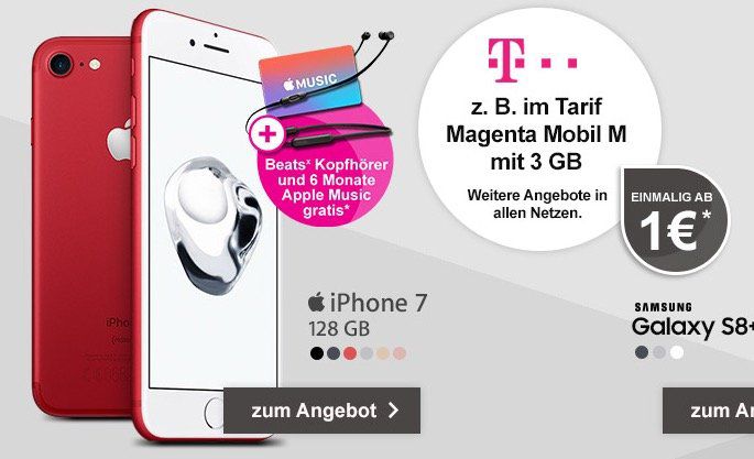 iPhone 7 mit 128GB für nur 1€ + Telekom Magenta Mobil M mit 3GB LTE für 53,74€ mtl. + Apple Music 6 Monate gratis + Beats Kopfhörer gratis