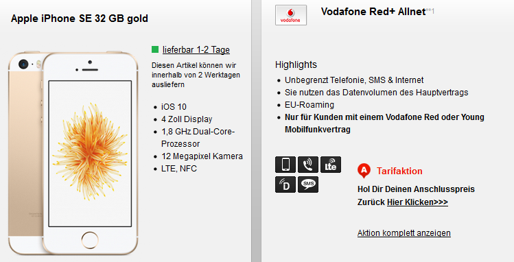 Vodafone Red+ Partnerkarte für 15€ mtl. + iPhone SE 32 GB oder Galaxy A5 (2017) für 4,95€   nur Bestandskunden