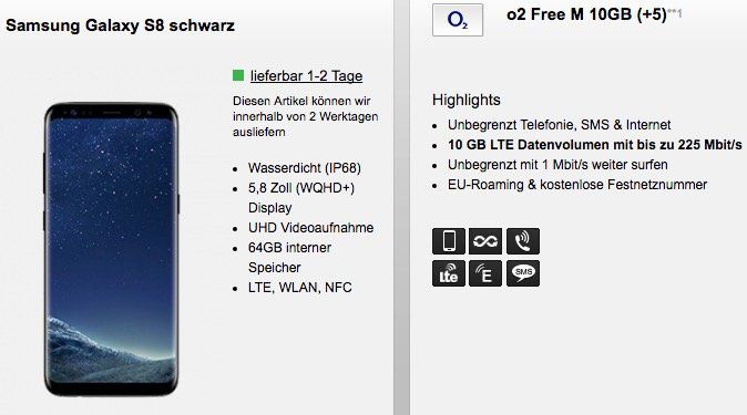 Samsung Galaxy S8 + Samsung Gear Fit2 nur 29,95€ + o2 Free M mit 10GB LTE für 34,99€ mtl.