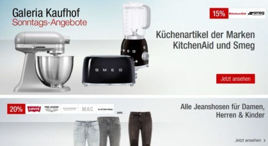 Galeria Kaufhof Sonntagsangebote   z.B. 20% auf Jeans, Rollersports, Rotwein   15% auf Uhren, Schmuck ...