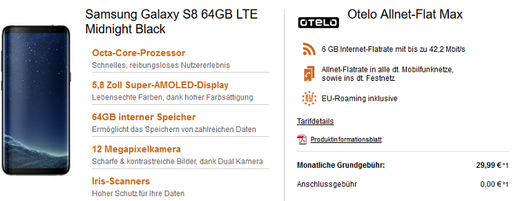 otelo (Vodafone) Flat mit 6 GB für 29,99€ mtl. + Samsung Galaxy S8 für 4,99€