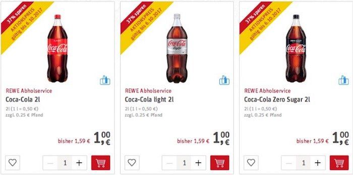 Coca Cola in der 2 Liter Flasche für 1€   auch Light und Zero