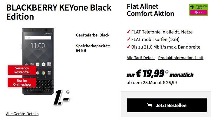 BlackBerry KEYone für 1€ + Telekom Flat mit 1GB für 19,99€ mtl.