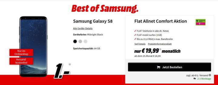 Top! Media Markt Best of Samsung Aktion: Samsung S8 + Bundles mit Telekom Verträgen ab 1€ und 19,99€ mtl.