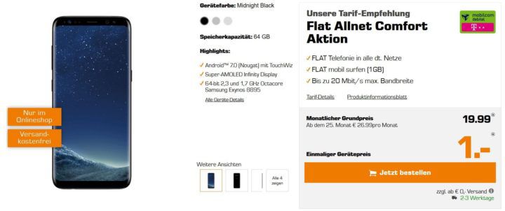 Top! Samsung S8 für 1€ + Telekom AllNet Flat + 1GB Daten für nur 19,99€ mtl.