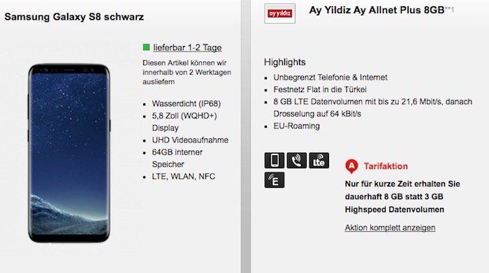Ay Yildiz Ay Allnet Plus mit 8GB LTE + Türkei Flat für 29,99€ mtl. + Samsung Galaxy S8 für 4,95€
