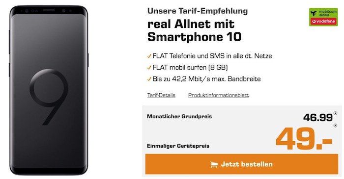 Knaller? Samsung Galaxy S9 für nur 49€ + Vodafone Allnet Flat mit 8GB für 46,99€ mtl.