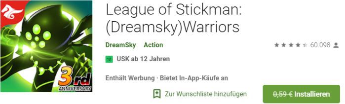 League of Stickman: (Dreamsky) Warriors (Android) gratis statt 0,59€