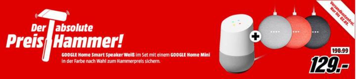 Media Markt smart Home Preishammer: z.B. Google Home + Google Home Mini für 129€ (statt 142€)