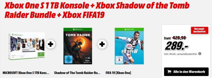 Xbox One S 1 TB + Shadow of the Tomb Raider + FIFA 19 für 289€ (statt 346€)   uvm. im Media Markt Feiertags Sale