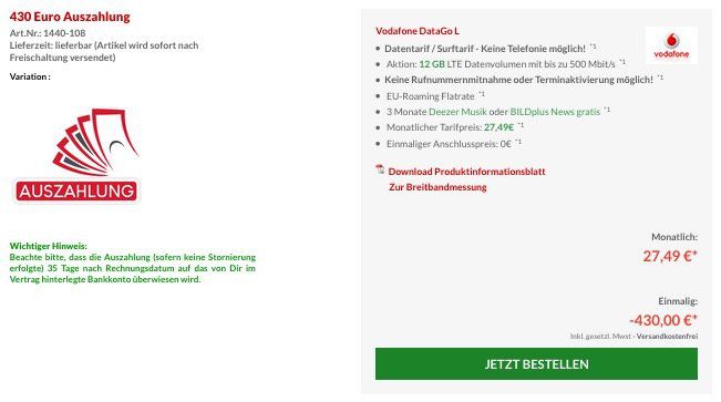 Knaller Vodafone Data Go L Mit 12gb Lte Bis 500 Mbit S Nur 9 57
