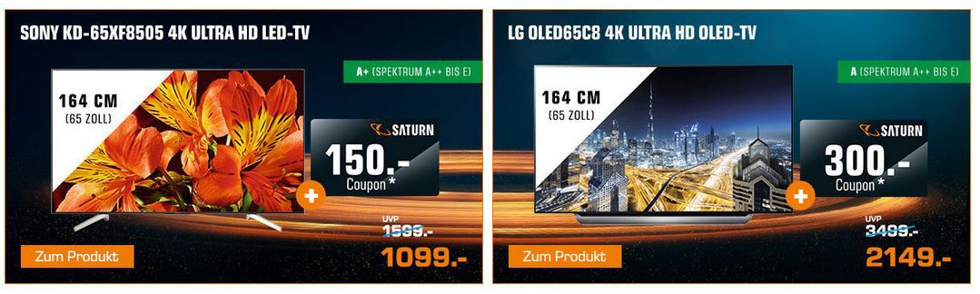 Bis Mitternacht! Saturn: bis zu 300€ Coupon Bonus beim Kauf von TVs und Beamer z.B. 65″ Sony KD 65XF8505 für 1099€ + 150€ Gutschein (statt 1198€)