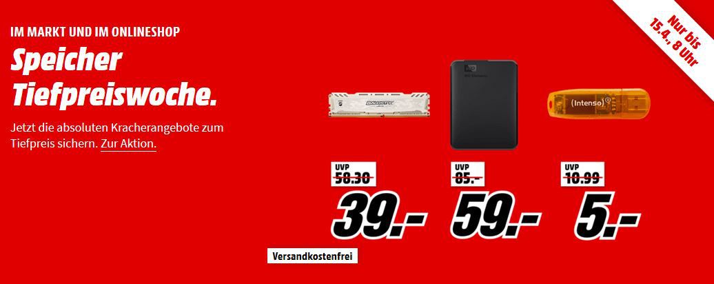 Media Markt Speicher Tiefpreis Woche: Finale z.B. Crucial Ballistix Sport LT 8GB DDR4 3000 GB für 39€ (statt 50€)