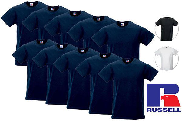 10er Pack Russell T Shirts in Blau, Schwarz oder Weiß für je 32,90€