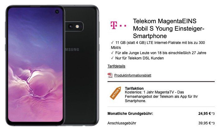 Junge Leute mit MagentaEins: Samsung Galaxy S10e für 4,99€ + Telekom Flat mit 11GB LTE für nur 24,95€ mtl.