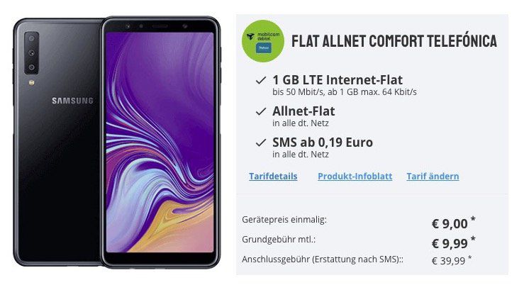Samsung Galaxy A7 2018 für 9€ + o2 Flat mit 1GB LTE für 9,99€ mtl.