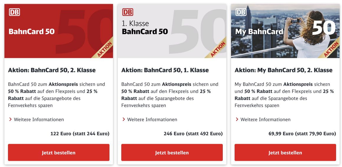 DB: Bis zu 50% Rabatt z.B. Bahncard 50 für 122€ (statt 244€)   für das erste Jahr