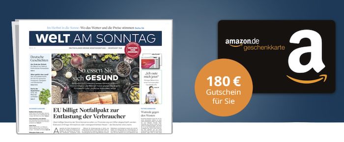 📰 Welt am Sonntag Jahresabo für 287,88€ + Prämie: 180€ Amazon Gutschein