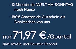 📰 Welt am Sonntag Jahresabo für 287,88€ + Prämie: 180€ Amazon Gutschein