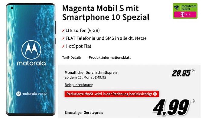 Motorola Edge 5G für 4,99€ + Telekom Flat mit 6GB LTE inkl. StreamOn + VoLTE für 29,95€ mtl.