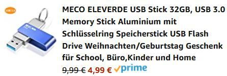 MECO ELEVERDE USB3.0 Stick mit 32GB aus Aluminium mit Schlüsselring für 4,99€ (statt 10€)   Prime