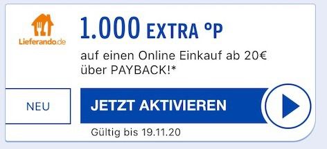 Payback: 1.000 Punkte (10€ Wert) bei Lieferando Bestellung ab 20€ - nur  ausgewählte Kunden