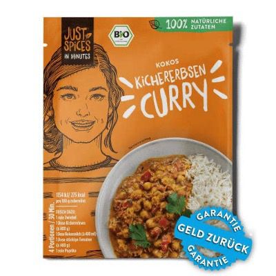 Bei Just Spices unbegrenzt Bio Kokos Kichererbsen Curry gratis dazubestellen