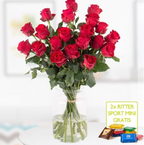 20 Rote Premium Rosen Rhodos (bis 60cm) + 2 Ritter Sport Mini Schokis für 24,99€