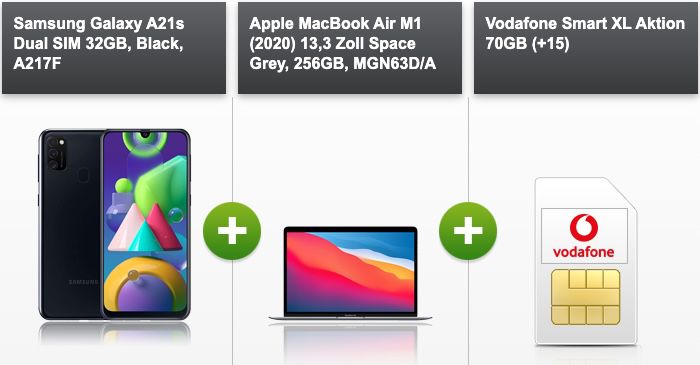 Apple MacBook Air M1 (2020) + Galaxy A21s für 289€ + Vodafone Allnet Flat mit 70GB LTE/5G für 56,99€ mtl.