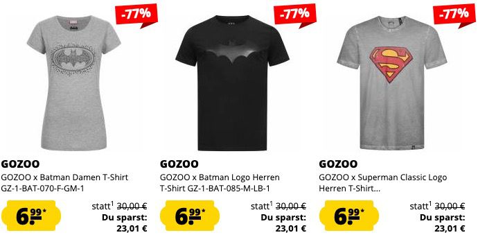 Bis 11 Uhr: GOZOO x T Shirts im Sale   z.B. Superman oder Batman T Shirts in Restgrößen für je 6,99€