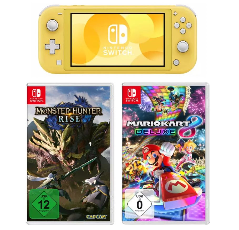 Nintendo Switch Lite in Gelb inkl. Mario Kart 8 Deluxe für 209,99€ (statt  246€) - alternativ auch mit Monster Hunter Rise