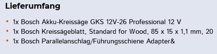 Bosch Akku Kreissäge GKS 12V 26 Professional inkl. 2x 3,0 Ah Akku + Ladegerät für 124,95€ (statt 140€)