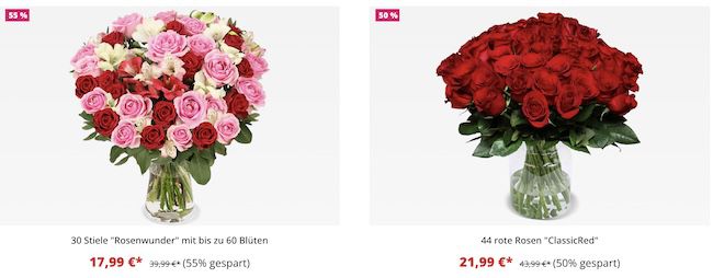 BlumeIdeal: Black Friday bis 50% Rabatt auf Blumensträuße   z.B. 44 rote Rosen für 29,48€ (statt 46€)