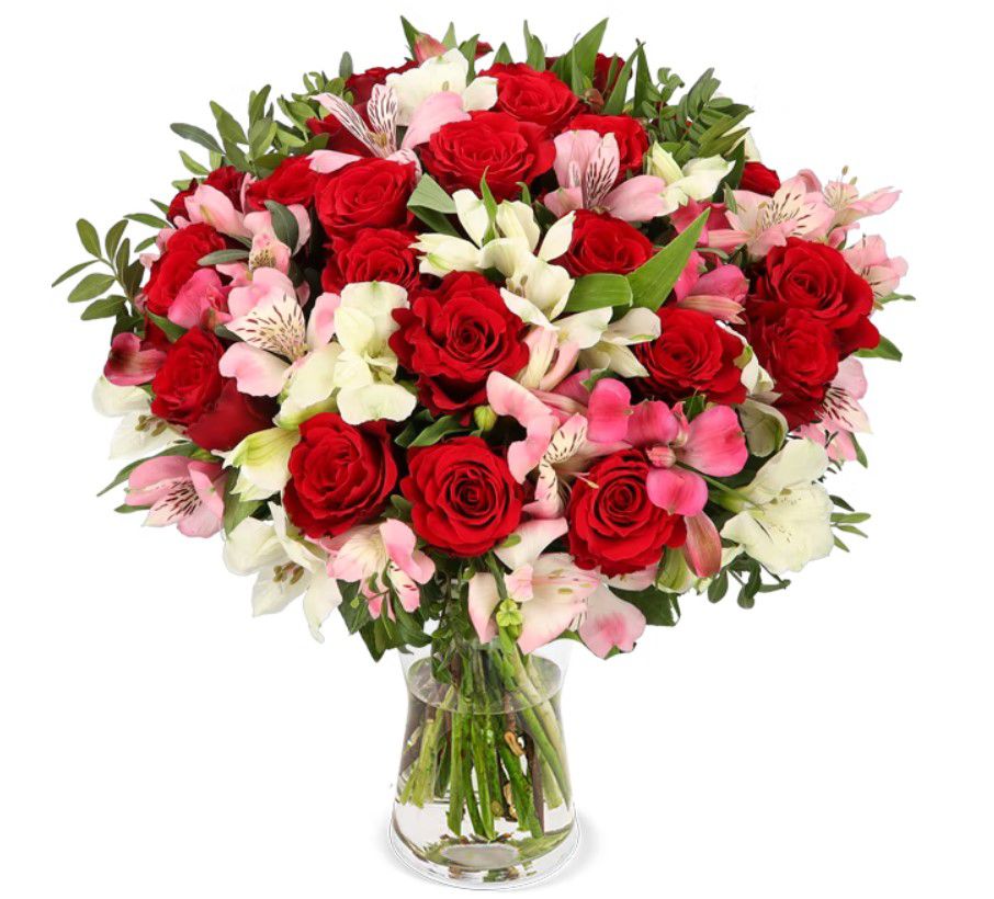 Liebesgruß mit roten Rosen u. Inkalilien bis 100 Blüten für 25,48€