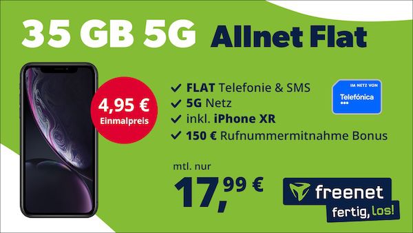 Apple iPhone XR + o2 Allnet 35GB 5G für 17,99€ mtl. + 150€ Bonus