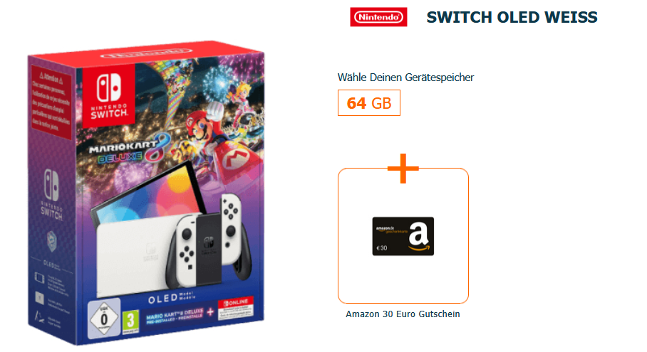 Nintendo Switch OLED Mario Kart Deluxe 8 + Vodafone 30GB 5G/LTE für 19,99€ mtl. + 30€ Amazon Gutschein