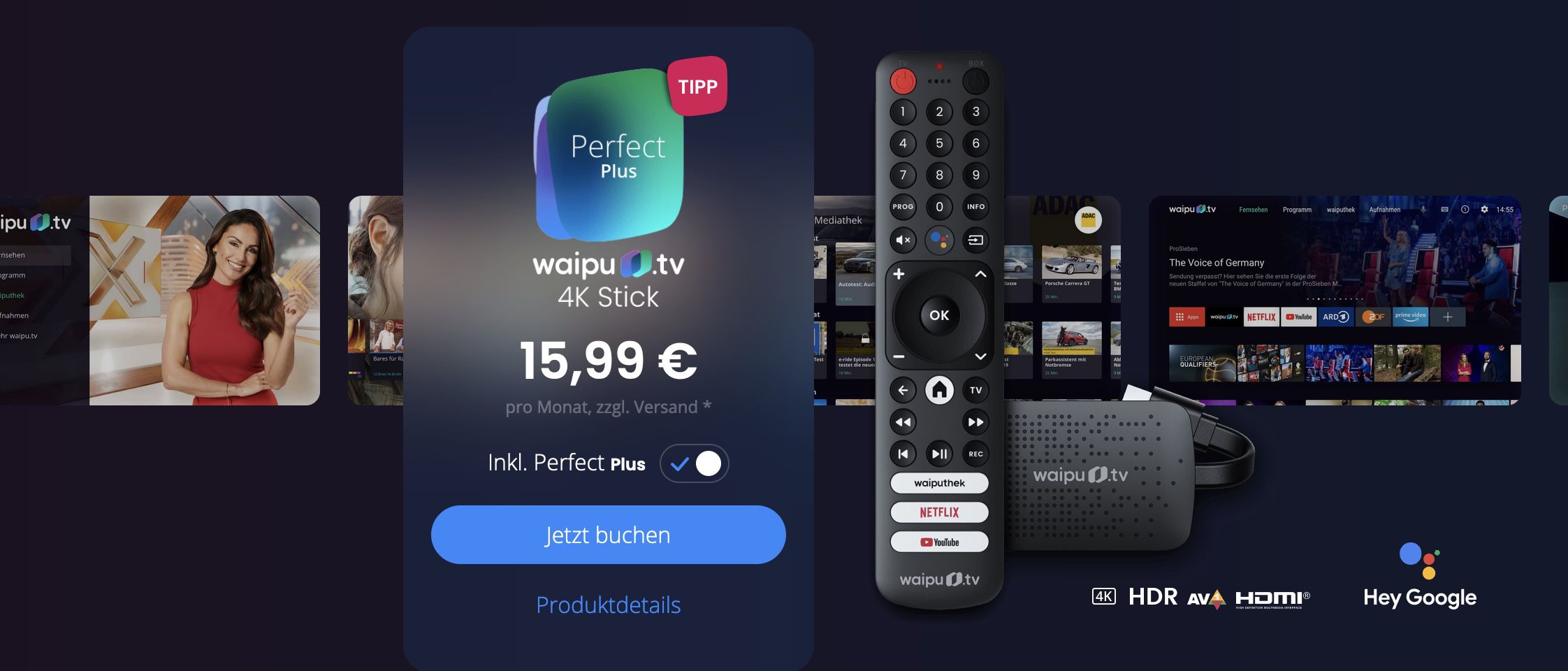 12 Monate waipu TV Perfect Plus inkl. Pay-TV Sender + waipu 4K TV Stick für  15,99€