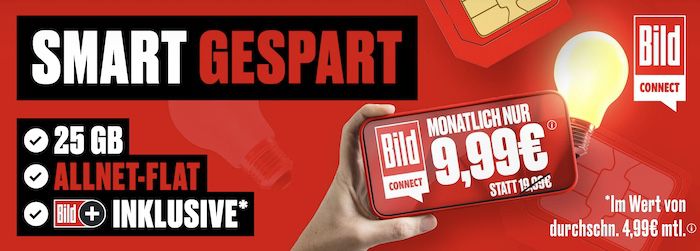 ➡️🔥 KRASS! 1&1 Allnet 25GB 5G für 9,99€ mtl. + BILDplus GRATIS (Wert 4,99€ mtl.)   monatlich kündbar!