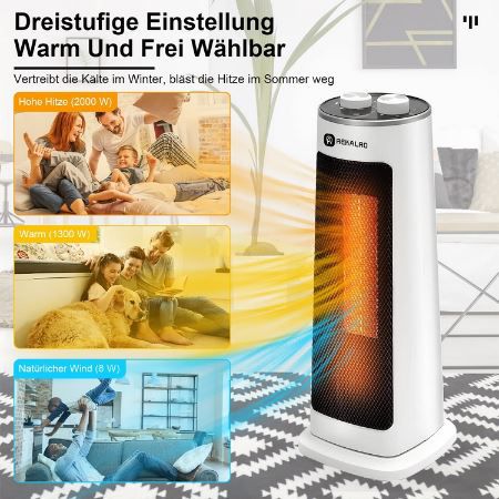 Rekalro Oszillierender Keramik Heizlüfter mit 2.000W/1.300W für 32,99€ (statt 66€)